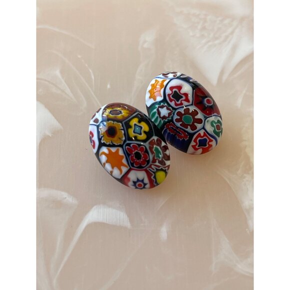 Fashion Jewelry Jewelry - Vintage Millefiori Clip-On Earrings With Colorful Floral Glass Design